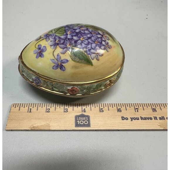 VTG  Hand-Painted Porcelain Egg Trinket Box  Floral Design Gold Trim France - Picture 5 of 9